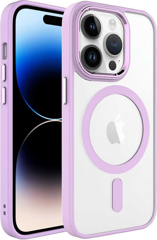 Apple iPhone 14 Pro Max Kılıf Wireless Şarj Özellikli Mnc Krom Magsafe Silikon Kapak-Pembe Açık