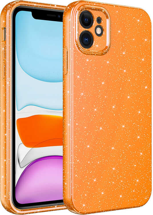 Apple iPhone 12 Kılıf Kamera Korumalı Simli Lüks Mnc Koton Kapak-Turuncu