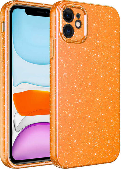 Apple iPhone 12 Kılıf Kamera Korumalı Simli Lüks Mnc Koton Kapak-Turuncu
