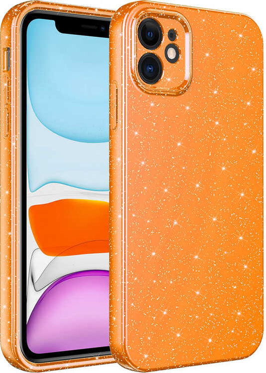 Apple iPhone 12 Kılıf Kamera Korumalı Simli Lüks Mnc Koton Kapak-Turuncu