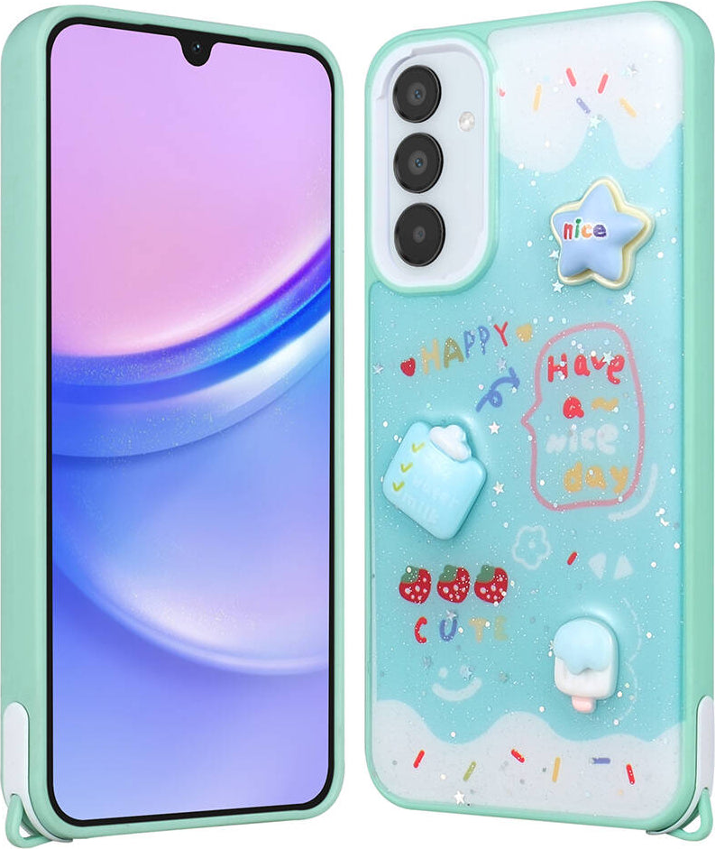Galaxy A35  Kılıf Parlayan Sıvılı Simli Kabartma Figürlü Mnc Cevze Kapak-Yeşil