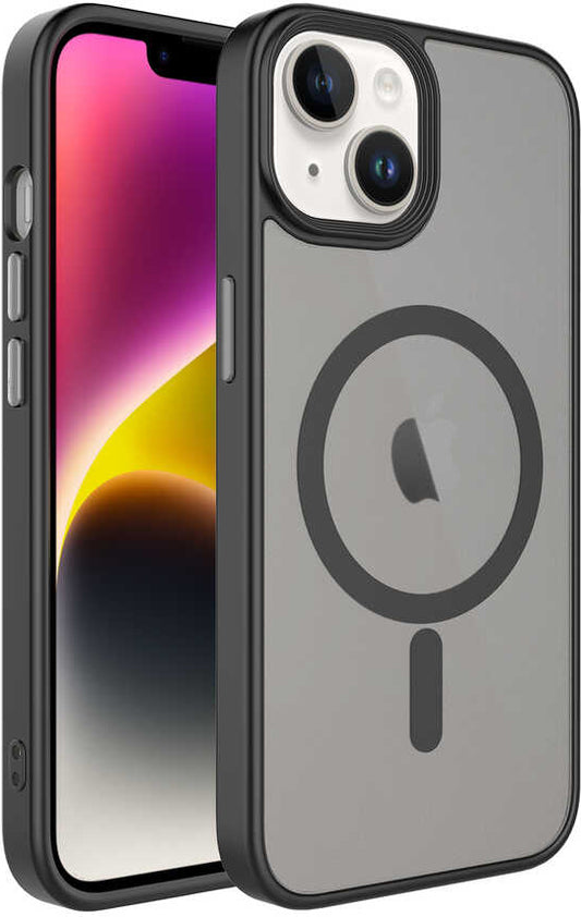 Apple iPhone 14 Kılıf Mat Arka Yüzey Wireless Şarj Özellikli Mnc Flet Magsafe Kapak-Siyah