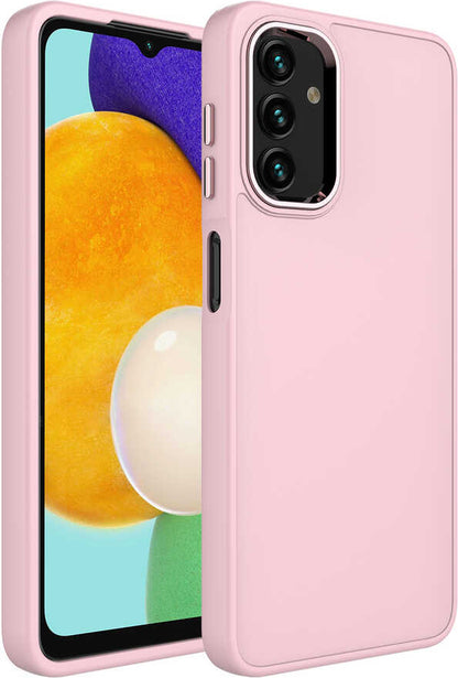 Galaxy A13 4g Kılıf Metal Çerçeve ve Buton Tasarımlı Silikon Mnc Luna Kapak-Pembe