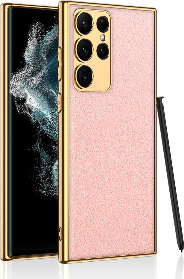 Galaxy S23 Ultra Kılıf Deri Görünümlü Kenarları Elektroplating Kaplama Mnc Fizyon Kapak-Pembe