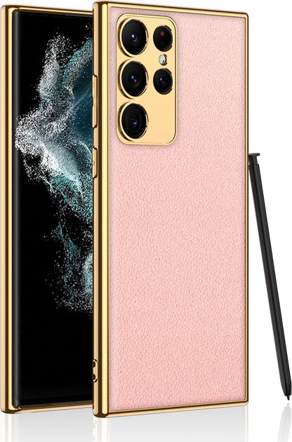 Galaxy S23 Ultra Kılıf Deri Görünümlü Kenarları Elektroplating Kaplama Mnc Fizyon Kapak-Pembe