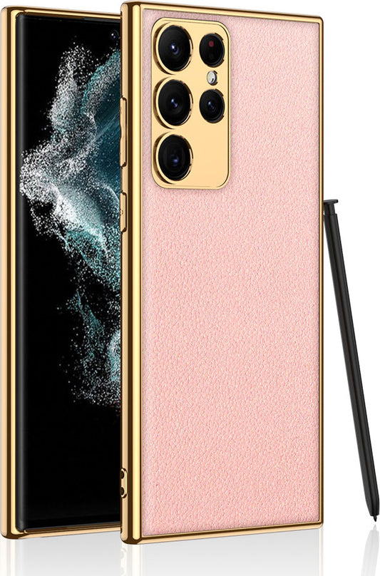 Galaxy S23 Ultra Kılıf Deri Görünümlü Kenarları Elektroplating Kaplama Mnc Fizyon Kapak-Pembe