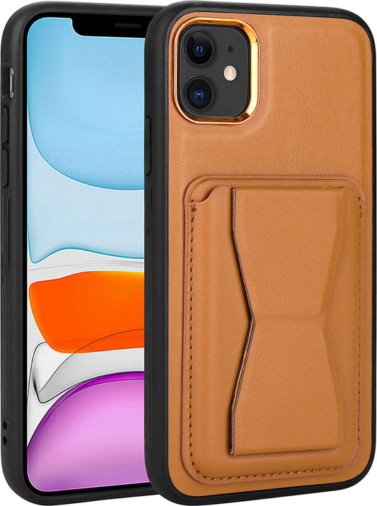 Apple iPhone 11 Kılıf Kartlıklı Standlı pu Deri Mnc Memo Kapak-Kahve Açık