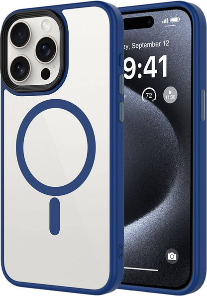 Apple iPhone 15 Pro Max Kılıf Mat Arka Yüzey Wireless Şarj Özellikli Mnc Flet Magsafe Kapak-Midnight
