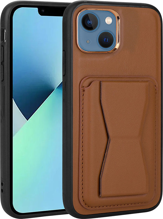Apple iPhone 13 Kılıf Kartlıklı Standlı pu Deri Mnc Memo Kapak-Kahverengi