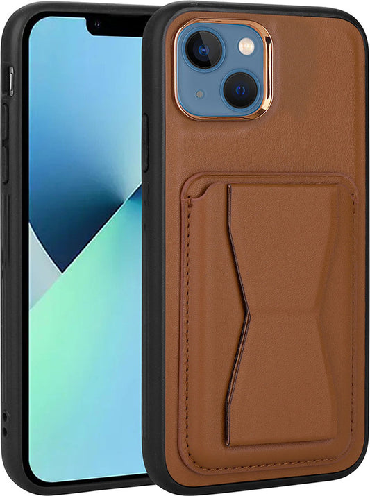 Apple iPhone 13 Kılıf Kartlıklı Standlı pu Deri Mnc Memo Kapak-Kahverengi