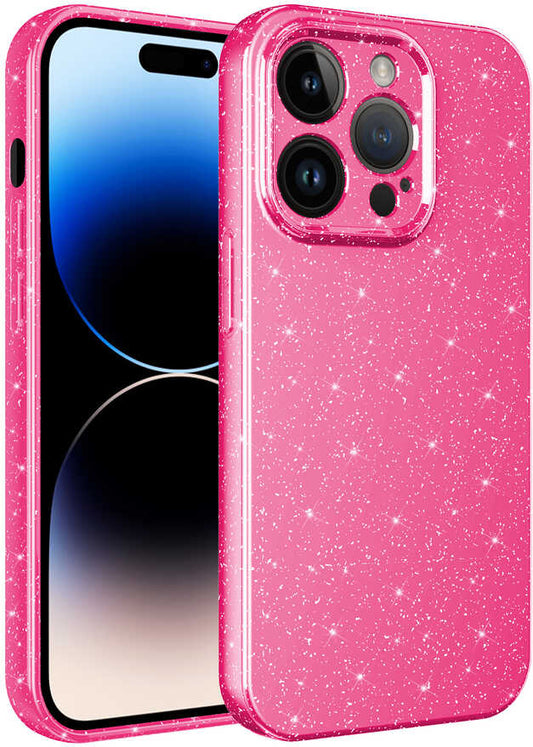Apple iPhone 14 Pro Max Kılıf Kamera Korumalı Simli Lüks Mnc Koton Kapak-Pembe Koyu