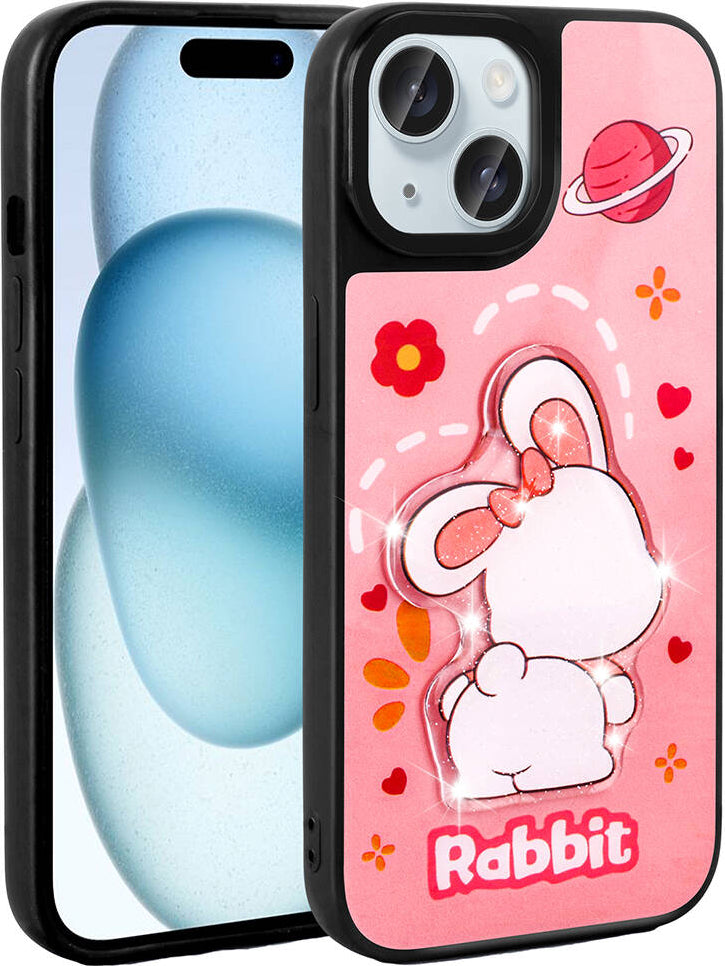 Apple iPhone 15 Kılıf Parlayan Kabartmalı Ikonik Figürlü Mnc Amas Silikon Kapak-Pembe