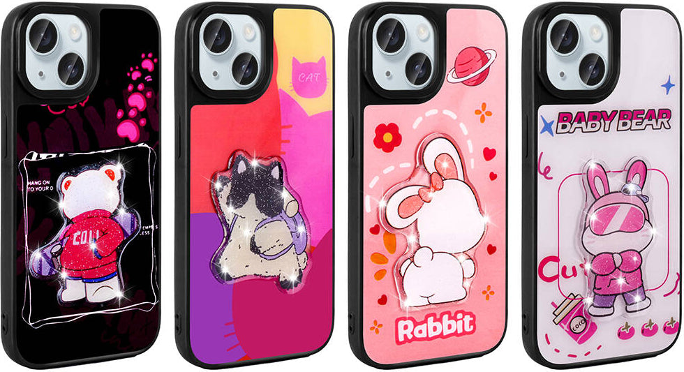 Apple iPhone 15 Kılıf Parlayan Kabartmalı Ikonik Figürlü Mnc Amas Silikon Kapak-Pembe