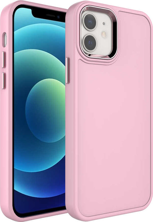 Apple iPhone 11 Kılıf Metal Çerçeve ve Buton Tasarımlı Sert Mnc Botox Kapak-Pembe Açık