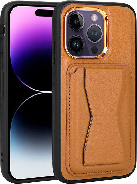 Apple iPhone 14 Pro Kılıf Kartlıklı Standlı pu Deri Mnc Memo Kapak-Kahve Açık