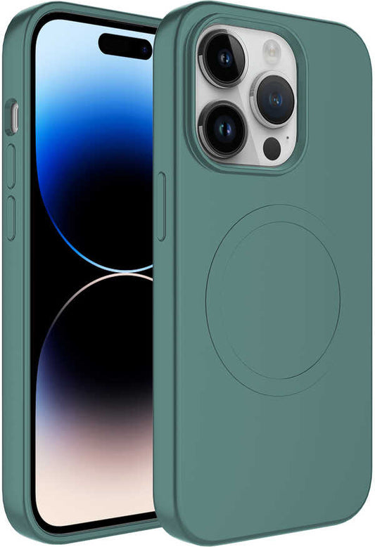 Apple iPhone 14 Pro Max Kılıf Magsafe Wireless Şarj Özellikli Pastel Renk Silikon Mnc Plas Kapak-Koyu Yeşil