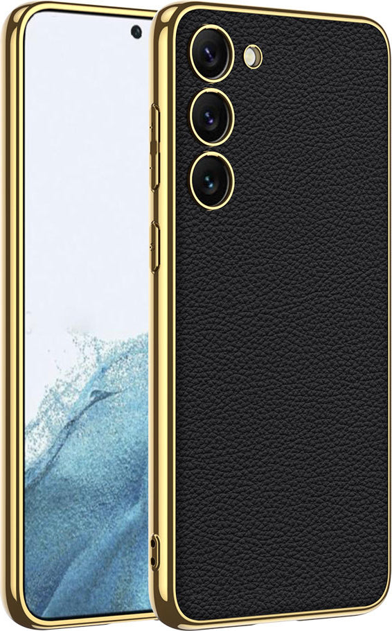 Galaxy S23 Plus Kılıf Deri Görünümlü Kenarları Elektroplating Kaplama Mnc Fizyon Kapak-Siyah