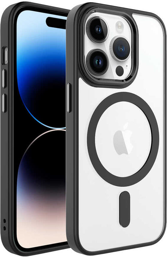 Apple iPhone 14 Pro Max Kılıf Wireless Şarj Özellikli Mnc Krom Magsafe Silikon Kapak-Siyah