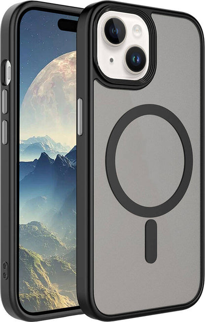 Apple iPhone 15 Plus Kılıf Mat Arka Yüzey Wireless Şarj Özellikli Mnc Flet Magsafe Kapak-Siyah
