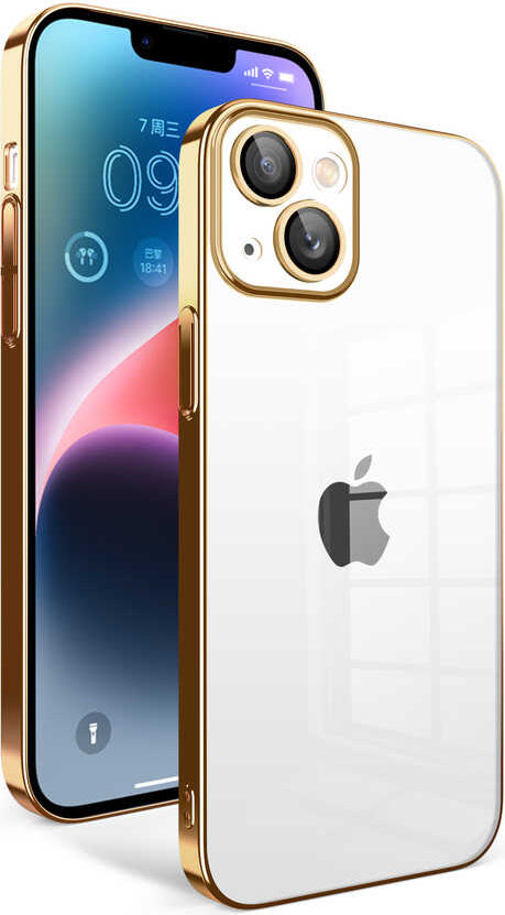 Apple iPhone 14 Plus Kılıf Kamera Korumalı Renkli Çerçeveli Mnc Garaj Kapak-Gold