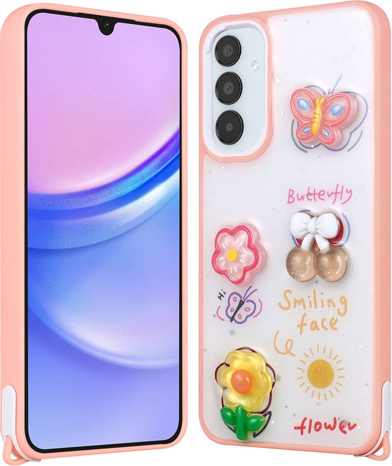 Galaxy A54 Kılıf Parlayan Sıvılı Simli Kabartma Figürlü Mnc Cevze Kapak-Pembe