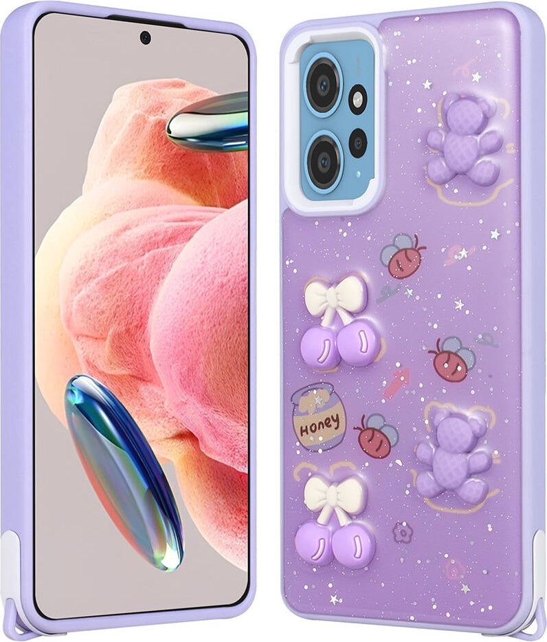 Xiaomi Redmi Note 12 4g Kılıf Parlayan Sıvılı Simli Kabartma Figürlü Mnc Cevze Kapak-Mor Ayı