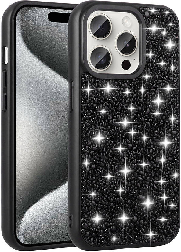 Apple iPhone 15 Pro Kılıf Parlak Taşlı Tasarım Mnc Linea Kapak-Siyah