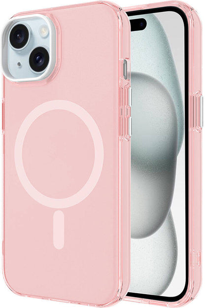 Apple iPhone 15 Kılıf Mnc Magsafe Şarj Özellikli Buzlu Transparan C-Pro Sert Kapak-Pembe