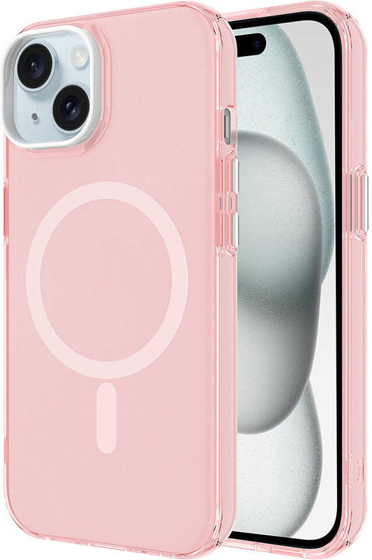 Apple iPhone 15 Kılıf Mnc Magsafe Şarj Özellikli Buzlu Transparan C-Pro Sert Kapak-Pembe