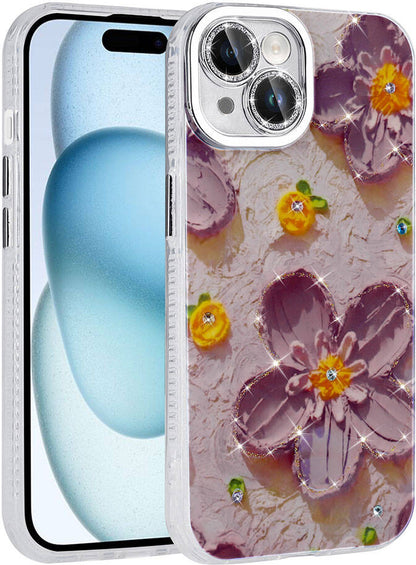 Apple iPhone 15 Kılıf Çiçek Desenli Parlak Taşlı Sert Silikon Mnc Garden Kapak-Mor