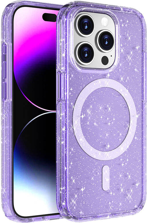 Apple iPhone 15 Pro Max Kılıf Magsafe Şarj Özellikli Parlayan Simli Saydam Renkli Mnc Allstar Kapak-Mor