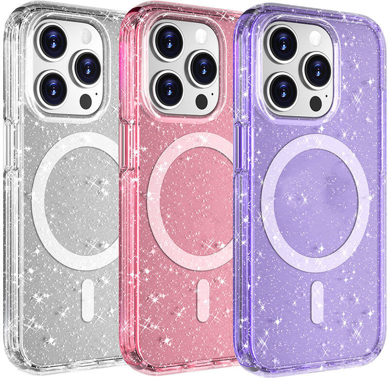Apple iPhone 15 Pro Max Kılıf Magsafe Şarj Özellikli Parlayan Simli Saydam Renkli Mnc Allstar Kapak-Mor