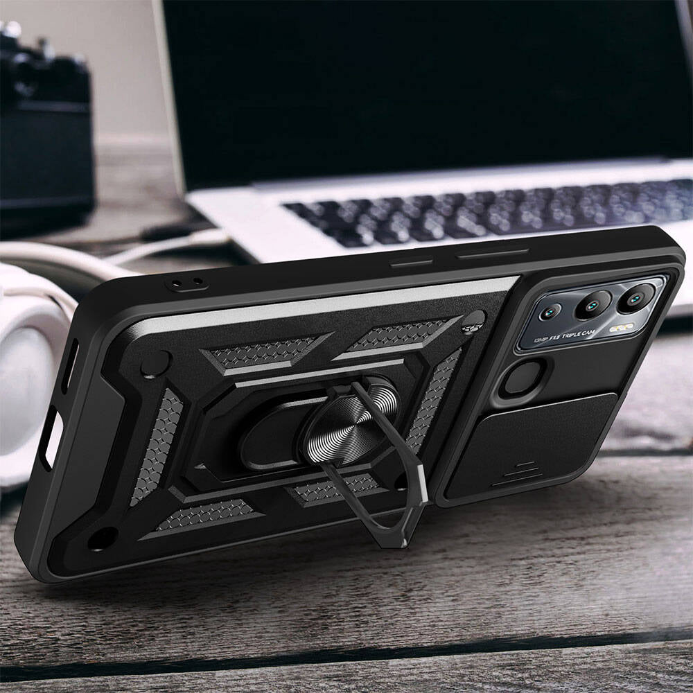 Infinix Hot 20I Kılıf Magnetik Standlı Kamera Korumalı Mnc Sürgülü Vega Kapak-Mavi