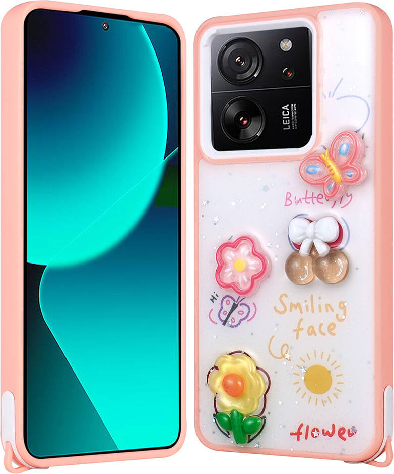 Xiaomi Mi 13T Kılıf Parlayan Sıvılı Simli Kabartma Figürlü Mnc Cevze Kapak-Pembe