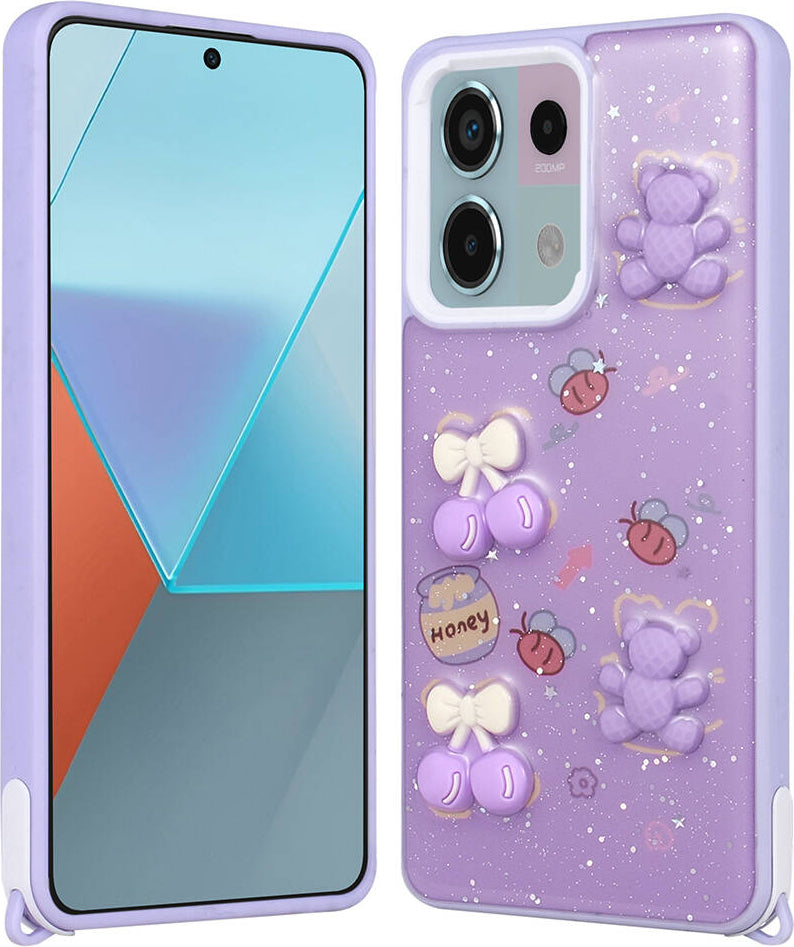 Xiaomi Redmi Note 13 Pro 5g Kılıf Parlayan Sıvılı Simli Kabartma Figürlü Mnc Cevze Kapak-Mor Ayı