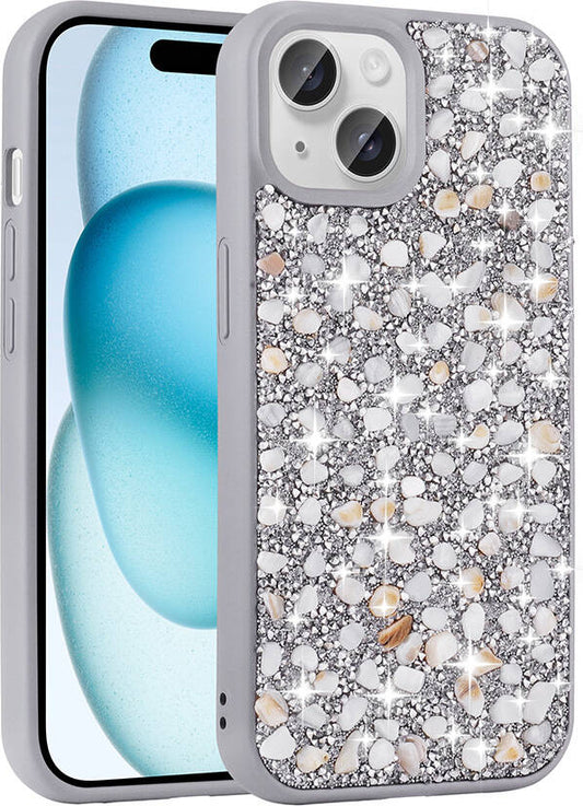 Apple iPhone 15 Plus Kılıf Parlak Taşlı Tasarım Mnc Linea Kapak-Gümüş