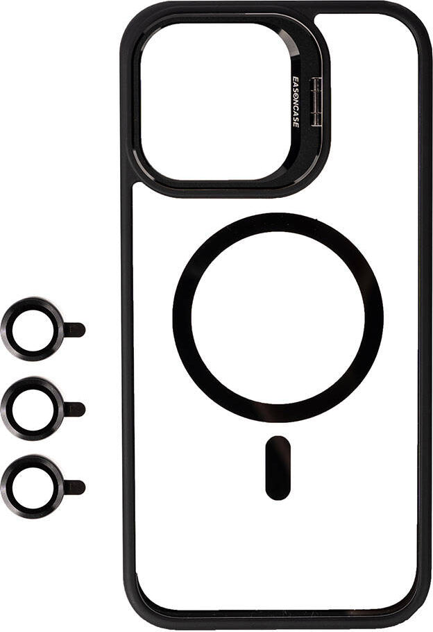 Apple iPhone 15 Pro Kılıf Magsafe Wireless Şarj Özellikli Standlı Mnc Magsafe Klon Lensli Kapak-Siyah