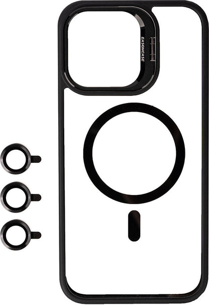 Apple iPhone 15 Pro Kılıf Magsafe Wireless Şarj Özellikli Standlı Mnc Magsafe Klon Lensli Kapak-Siyah