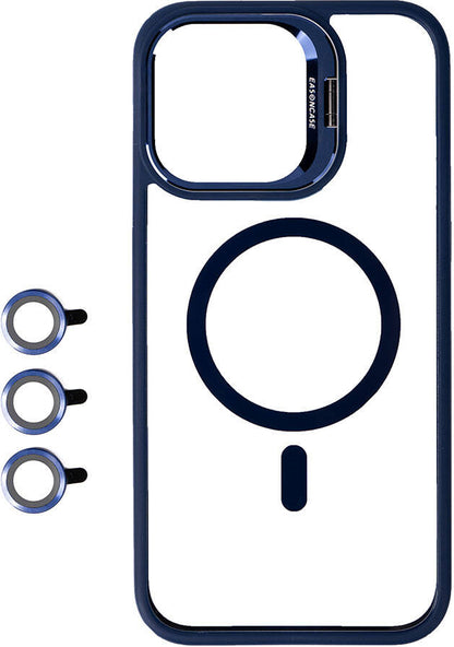 Apple iPhone 15 Pro Kılıf Magsafe Wireless Şarj Özellikli Standlı Mnc Magsafe Klon Lensli Kapak-Lacivert
