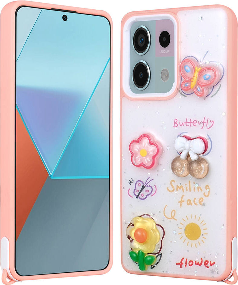 Xiaomi Redmi Note 13 Pro 5g Kılıf Parlayan Sıvılı Simli Kabartma Figürlü Mnc Cevze Kapak-Pembe