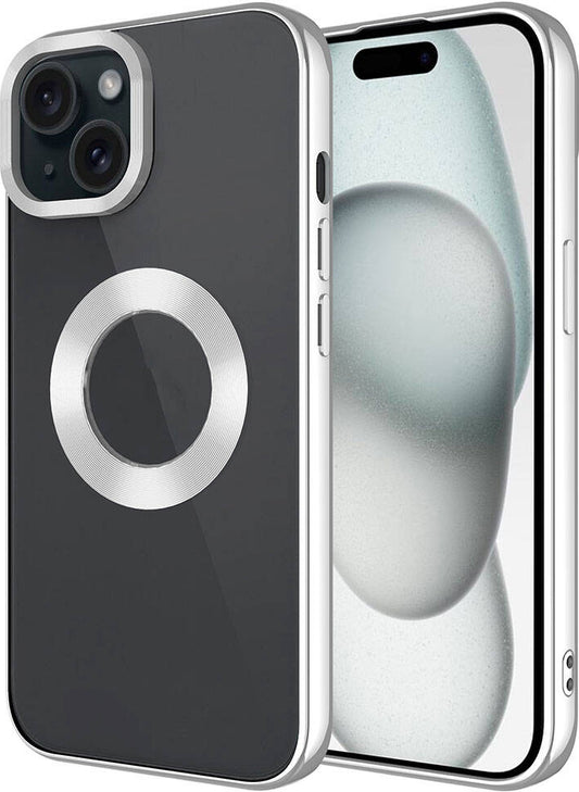 Apple iPhone 15 Kılıf Tek Kamera Çerçeveli Logo Gösteren Mnc Omega Kapak-Gümüş