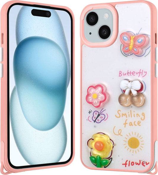 Apple iPhone 15 Kılıf Parlayan Sıvılı Simli Kabartma Figürlü Mnc Cevze Kapak-Pembe