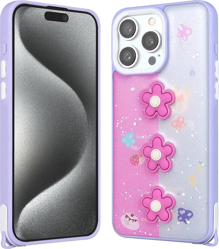 Apple iPhone 15 Pro Max Kılıf Parlayan Sıvılı Simli Kabartma Figürlü Mnc Cevze Kapak-Mor Papatya