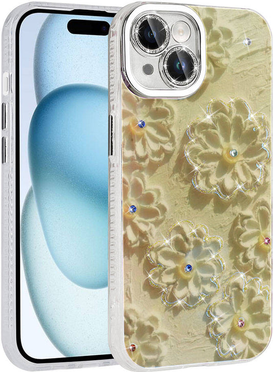Apple iPhone 15 Kılıf Çiçek Desenli Parlak Taşlı Sert Silikon Mnc Garden Kapak-Beyaz