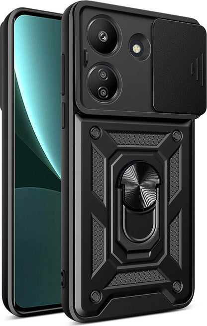 Xiaomi Redmi 13C Kılıf Magnetik Standlı Kamera Korumalı Mnc Sürgülü Vega Kapak-Siyah