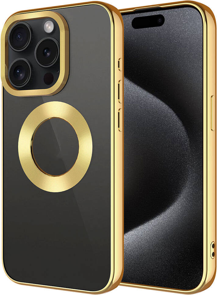 Apple iPhone 15 Pro Kılıf Tek Kamera Çerçeveli Logo Gösteren Mnc Omega Kapak-Gold
