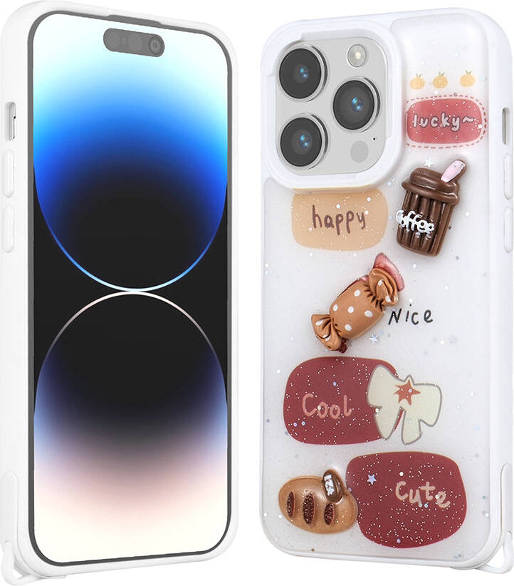 Apple iPhone 14 Pro Kılıf Parlayan Sıvılı Simli Kabartma Figürlü Mnc Cevze Kapak-Beyaz