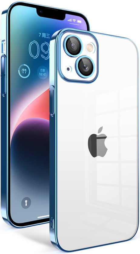 iPhone 14 Plus Uyumlu Kamera Korumalı Renkli Çerçeveli Mnc Garaj Kapak-Mavi Açık