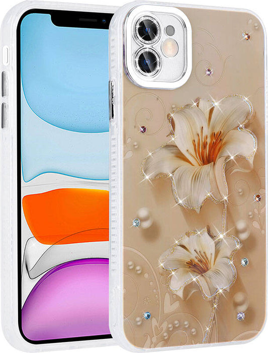 Apple iPhone 11 Kılıf Çiçek Desenli Parlak Taşlı Sert Silikon Mnc Garden Kapak-Pembe Açık