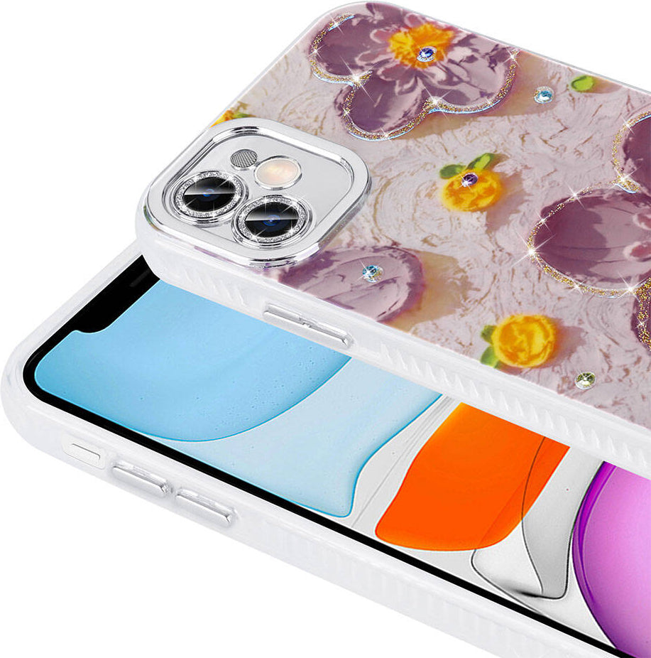 Apple iPhone 11 Kılıf Çiçek Desenli Parlak Taşlı Sert Silikon Mnc Garden Kapak-Pembe Açık